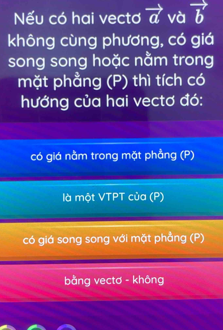 Nếu có hai vectơ vector a và vector b
không cùng phương, có giá
song song hoặc nằm trong
mặt phẳng (P) thì tích có
hướng của hai vectơ đó:
có giá nằm trong mặt phẳng (P)
là một VTPT của (P)
có giá song song với mặt phẳng (P)
bằng vectơ - không