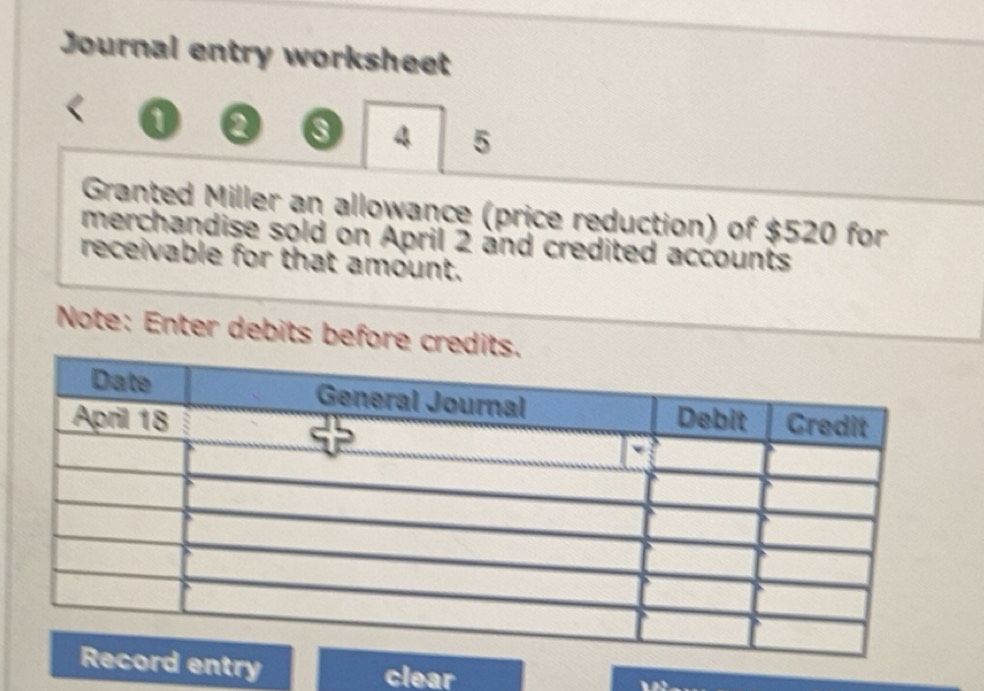 Solved: Journal entry worksheet a 0 4 5 Granted Miller an allowance ...