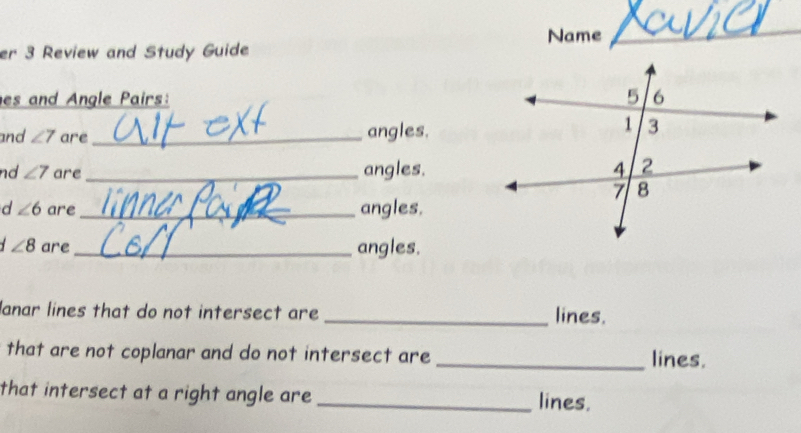 Name 
er 3 Review and Study Guide 
es and Angle Pairs: 
and ∠ 7 are _angles. 
nd ∠ 7 are _angles. 
d ∠ 6 are _angles.
∠ 8 are _angles. 
lanar lines that do not intersect are _lines. 
that are not coplanar and do not intersect are _lines. 
that intersect at a right angle are _lines.