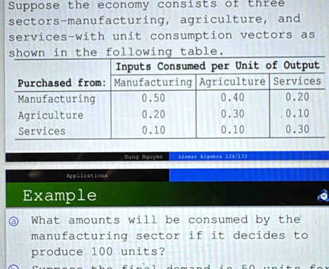 Suppose the economy consists of three 
sectors-manufacturing, agriculture, and 
services-with unit consumption vectors as 
shown in the following table. 
Dung Nguyen Linear Algebra 124/133 
Applications 
Example 
What amounts will be consumed by the 
manufacturing sector if it decides to 
produce 100 units?