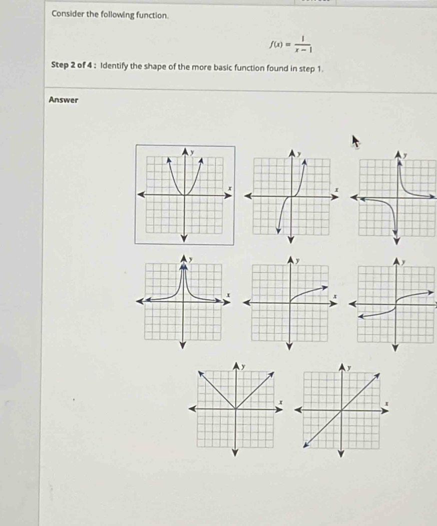 Consider the following function.
f(x)= 1/x-1 
Step 2 of 4 : Identify the shape of the more basic function found in step 1. 
Answer