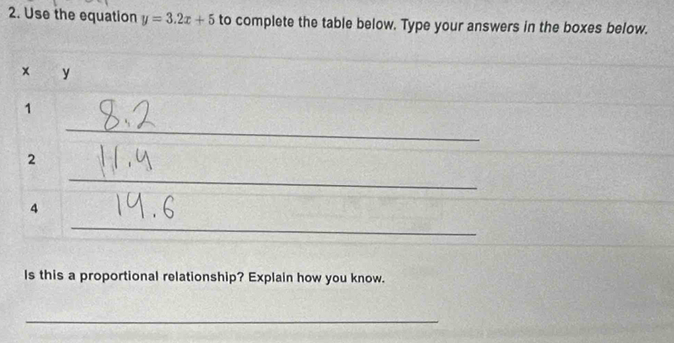 Use the equation y=3.2x+5 to complete the table below. Type your answers in the boxes below. 
× y 
1 
_ 
2 
_ 
4 
_ 
_ 
Is this a proportional relationship? Explain how you know. 
_