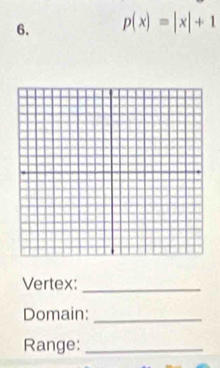 p(x)=|x|+1
Vertex:_ 
Domain:_ 
Range:_