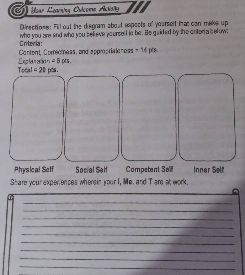 Your Learning Outcome Activity 
Directions: Fill out the diagram about aspects of yourself that can make up 
who you are and who you believe yourself to be. Be guided by the criteria below: 
Criteria: 
Content, Correctness, and appropriateness =14 pts. 
Explanation =6 pts. 
Total =20 pts. 
Physical Self Social Self Competent Self Inner Self 
Share your experiences wherein your I, Me, and T are at work. 
_ 
_ 
_ 
_ 
_ 
_ 
_ 
_ 
_ 
_