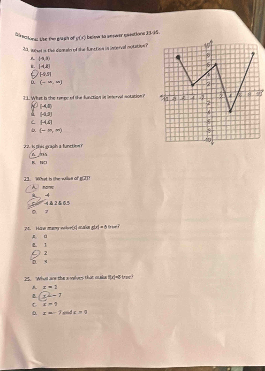 Directions: Use the graph of g(x) below to answer questions 21-35.
20. What is the domain of the function in interval notation?
A (-9,9)
B. (-4,8)
[-9,9]
D. (-∈fty ,∈fty )
21. What is the range of the function in interval notation?9
o (-4,8)
B. (-9,9)
C [-4,6]
D. (-∈fty ,∈fty )
22. Is this graph a function?
A. YES
B. NO
23. What is the value of g(2) 2
A. none
B. -4
C -4 & 2 & 6.5
D. 2
24. How many value(s) make g(x)=6 true?
A 0
B. 1
O 2
D. 3
25. What are the x -values that make f(x)=8 true?
A x=1
B. x=-7
C x=9
D. x=-7 aad x=9