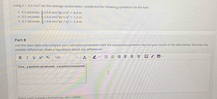 Using a=-9.6m/s^2 for the average acceleration, I predicted the following ypositions for the ball
0.3 seconds :
0.7 seconds 0.5 seconds :  1/2 (-9.6m/s^2)(0.3s)^2=-0.4m  1/2 (-9.6m/s^2)(0.5s)^2+1.2m
 1/2 (9.6m/s^2)(0.7s^2=-2.4m
Part B 
Use the data table and compare your calculated predictions with the measured y positions. Record your resulls in the fable below. Descrbe any 
notable differences. Make a hypothesis about any differences. 
B 1 x° 12p 
Soare wed includes formatting): 465 / 30000