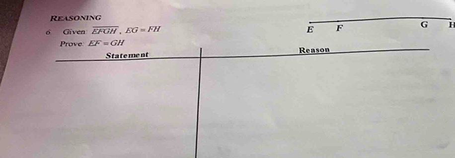 Reasoning 
6 Given overline EFGH, EG=FH E F
G H
Prove EF=GH
Statement Reason