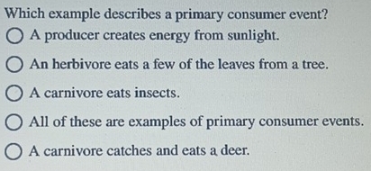 Which example describes a primary consumer event?
A producer creates energy from sunlight.
An herbivore eats a few of the leaves from a tree.
A carnivore eats insects.
All of these are examples of primary consumer events.
A carnivore catches and eats a deer.