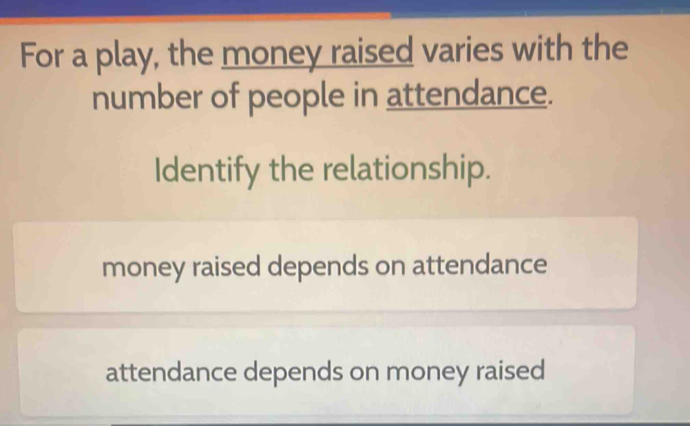 For a play, the money raised varies with the
number of people in attendance.
Identify the relationship.
money raised depends on attendance
attendance depends on money raised