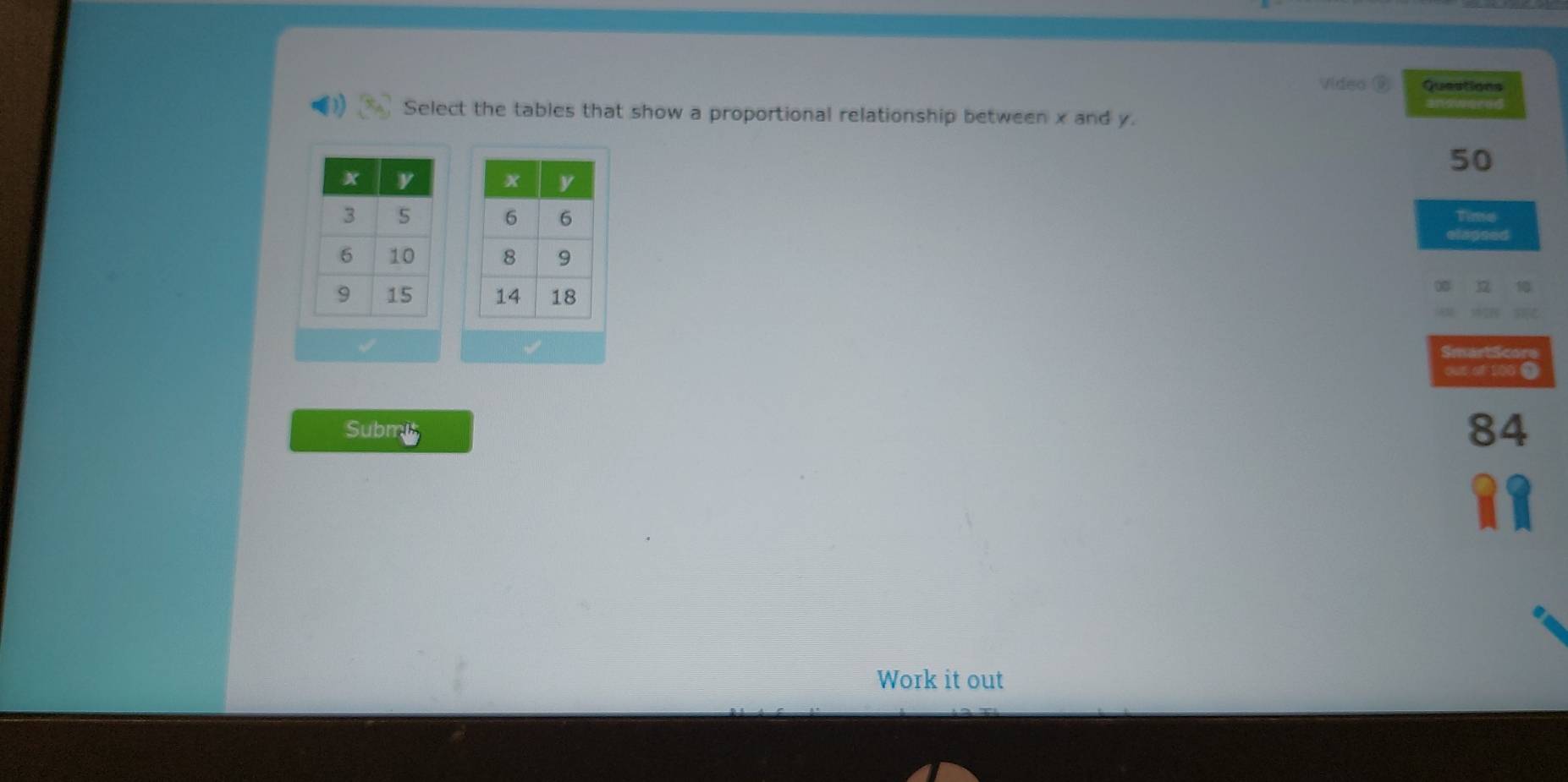 video Questions 
Select the tables that show a proportional relationship between x and y.
50

Time 
elapsed 


SmartScore 
out of 100 ● 
Submy
84
Work it out