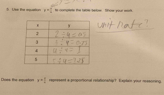 Use the equation y= x/4  to complete the table below. Show your work.
Does the equation y= x/4  represent a proportional relationship? Explain your reasoning.