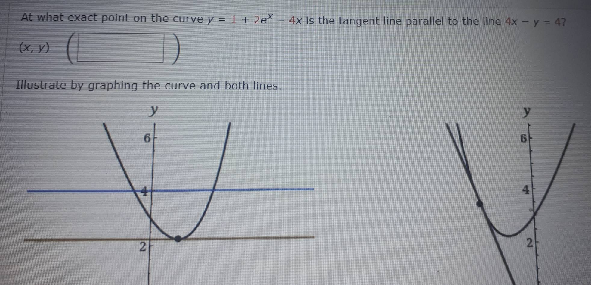 At what exact point on the curve y=1+2e^x-4x is the tangent line parallel to the line 4x-y=4 ?
(x,y)= (□ ) 
frac ^circ  
Illustrate by graphing the curve and both lines.