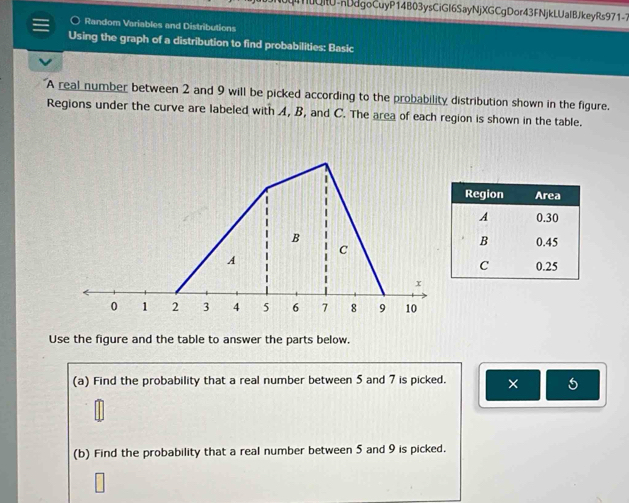 QR-nDdgoCuyP14B03ysCiGI6SayNjXGCgDor43FNjkLUalBJkeyRs971-7 
Random Variables and Distributions 
Using the graph of a distribution to find probabilities: Basic 
A real number between 2 and 9 will be picked according to the probability distribution shown in the figure. 
Regions under the curve are labeled with A, B, and C. The area of each region is shown in the table. 
Use the figure and the table to answer the parts below. 
(a) Find the probability that a real number between 5 and 7 is picked. × 5
(b) Find the probability that a real number between 5 and 9 is picked.