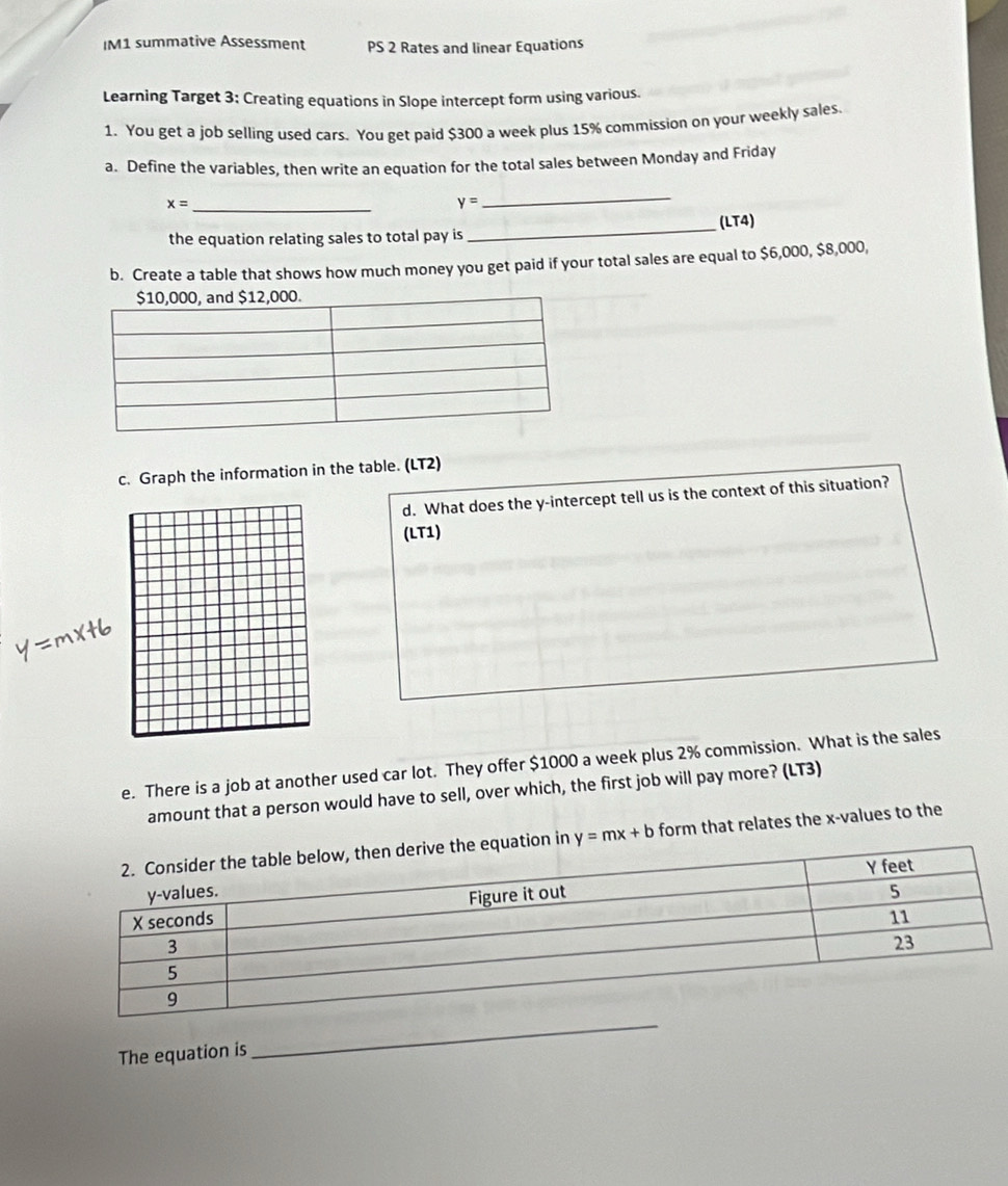 Solved: IM1 summative Assessment PS 2 Rates and linear Equations ...
