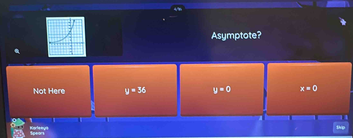 Asymptote?
Not Here y=36 y=0
x=0
Karleeya
Skip
Spears