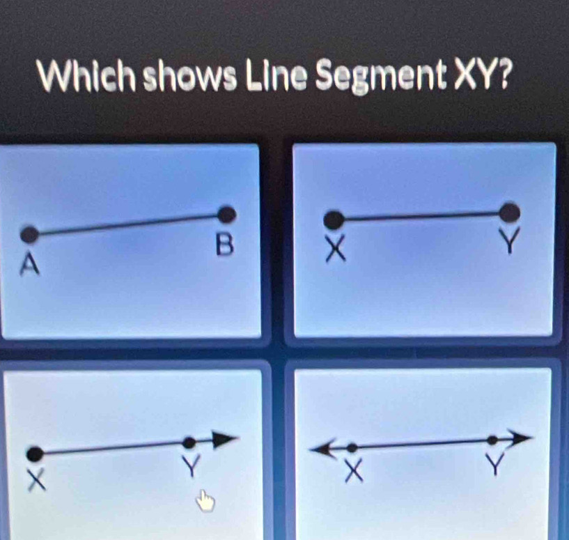 Which shows Line Segment XY?
B
Y
A 

×
Y
×
Y