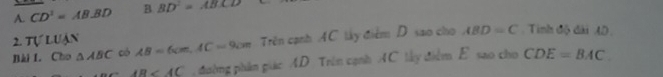 A. CD^2=AB.BD B BD^2=ABCD
2. tự luận
Bài I. Cho △ ABC có AB=6cm, AC=9cm Trên cạnh AC lây điểm D. sao cho ABD=C. Tinh độ đài AD.
AR , đường phần giác AD Trên cạnh AC lấy điểm E sao cho CDE=BAC