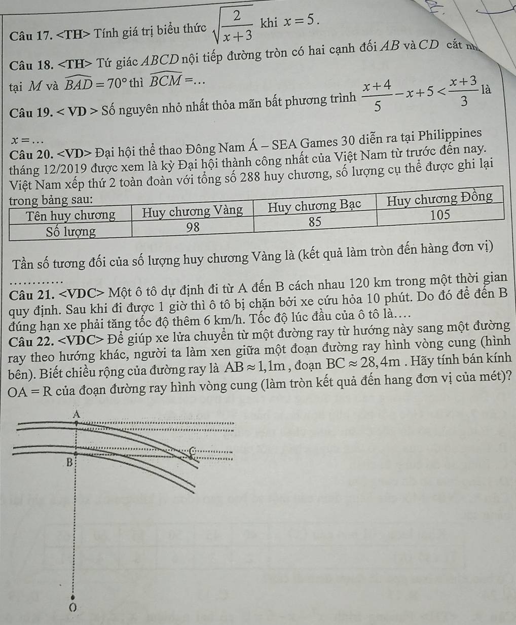 ) Tính giá trị biểu thức sqrt(frac 2)x+3 khi x=5.
Câu 18. ∠ TH>T Tứ giác ABCD nội tiếp đường tròn có hai cạnh đối AB và CD cắt nh
tại M và widehat BAD=70° thì widehat BCM=...
Câu 19. ∠ VD>Shat o nguyên nhỏ nhất thỏa mãn bất phương trình  (x+4)/5 -x+5 là
x=...
Câu 20. ∠ VD> Đại hội thể thao Đông Nam A-SEA Games 30 diễn ra tại Philippines
tháng 12/2019 được xem là kỳ Đại hội thành công nhất của Việt Nam từ trước đến nay.
đoàn với tổng số 288 huy chương, số lượng cụ thể được ghi lại
Tần số tương đối của số lượng huy chương Vàng là (kết quả làm tròn đến hàng đơn vị)
Câu 21. Một ô tô dự định đi từ A đến B cách nhau 120 km trong một thời gian
quy định. Sau khi đi được 1 giờ thì ô tô bị chặn bởi xe cứu hỏa 10 phút. Do đó để đến B
đúng hạn xe phải tăng tốc độ thêm 6 km/h. Tốc độ lúc đầu của ô tô là....
Câu 22. Dhat e giúp xe lửa chuyển từ một đường ray từ hướng này sang một đường
ray theo hướng khác, người ta làm xen giữa một đoạn đường ray hình vòng cung (hình
bên). Biết chiều rộng của đường ray là ABapprox 1,1m , đoạn BCapprox 28,4m. Hãy tính bán kính
OA=R của đoạn đường ray hình vòng cung (làm tròn kết quả đến hang đơn vị của mét)?