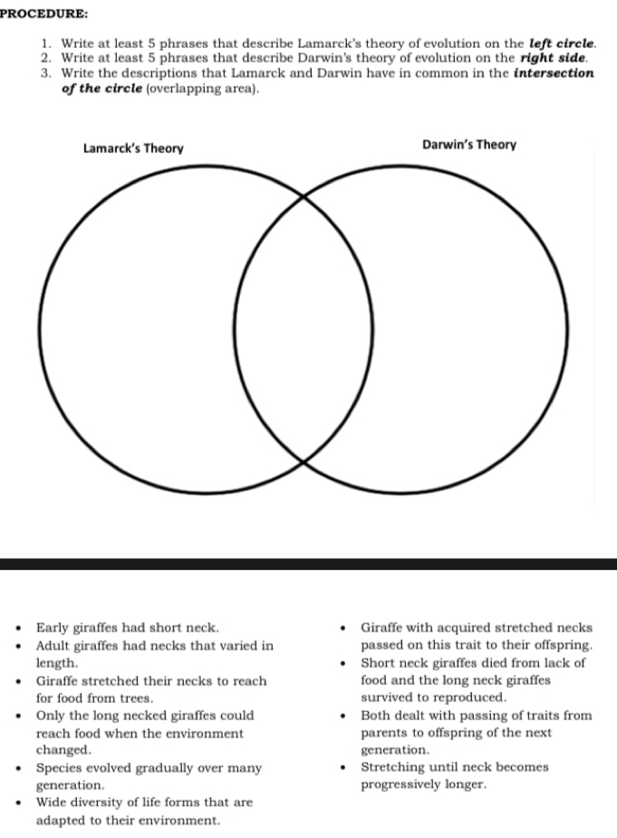 PROCEDURE:
1. Write at least 5 phrases that describe Lamarck's theory of evolution on the left circle.
2. Write at least 5 phrases that describe Darwin's theory of evolution on the right side.
3. Write the descriptions that Lamarck and Darwin have in common in the intersection
of the circle (overlapping area).
Early giraffes had short neck. Giraffe with acquired stretched necks
Adult giraffes had necks that varied in passed on this trait to their offspring.
length. Short neck giraffes died from lack of
Giraffe stretched their necks to reach food and the long neck giraffes
for food from trees. survived to reproduced.
Only the long necked giraffes could Both dealt with passing of traits from
reach food when the environment parents to offspring of the next
changed. generation.
Species evolved gradually over many Stretching until neck becomes
generation. progressively longer.
Wide diversity of life forms that are
adapted to their environment.