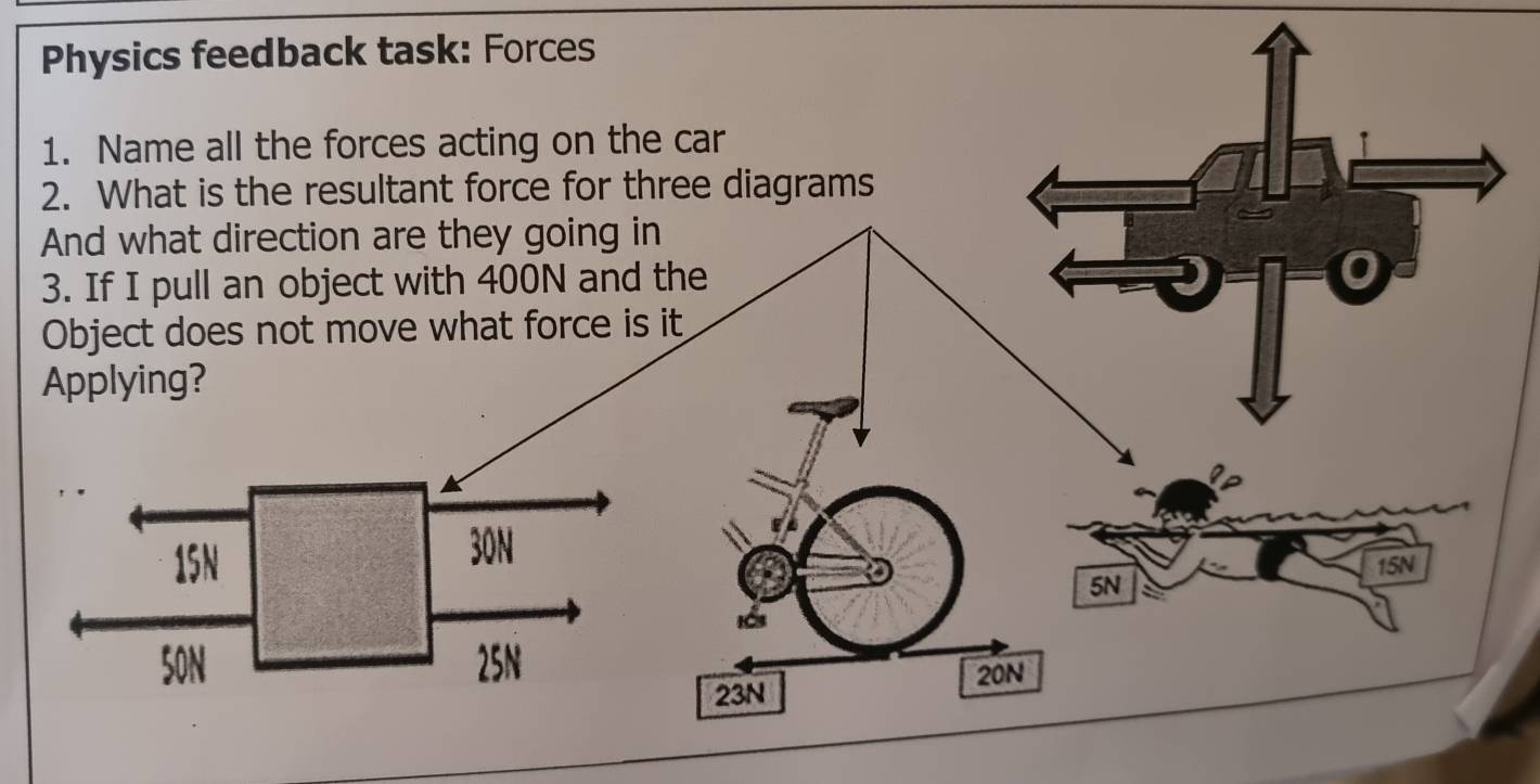 Physics feedback task: Forces 
1. Name all the forces acting on the car 
2. What is the resultant force for three diagrams
15N