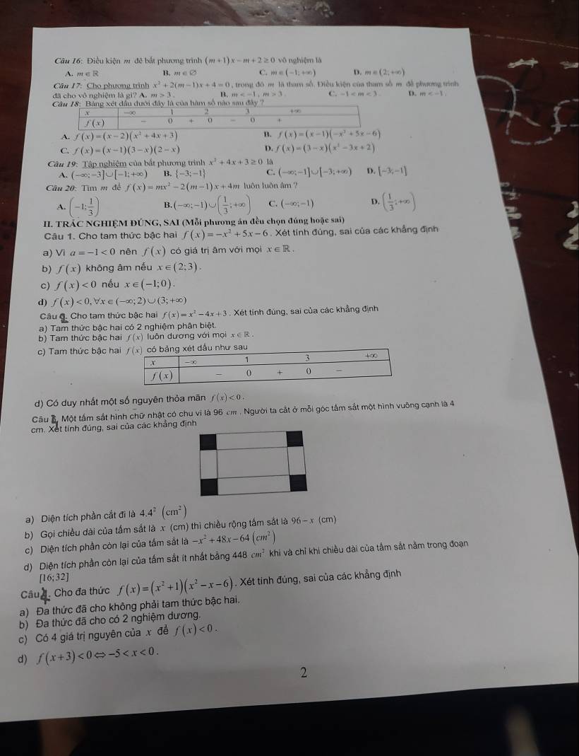 Điều kiện m. đê bắt phương trình (m+1)x-m+2≥ 0 vô nghiệm là
A. m∈ R B. m∈ varnothing C. m∈ (-1,+∈fty ) D. m∈ (2;+∈fty )
Câu 17: Cho phương trình x^2+2(m-1)x+4=0 , trong đó m là tham số. Điều kiện của tham số m đề phương trình
đã cho vô nghiệm là ki2 A. m>3. B. m 3 C. -1 D. m
Câu 18: Bảng xét dầu đưới đây là của hàm số nào sau đây?
B.
A. f(x)=(x-2)(x^2+4x+3) f(x)=(x-1)(-x^2+5x-6)
C f(x)=(x-1)(3-x)(2-x)
D. f(x)=(3-x)(x^2-3x+2)
Câu 19: Tập nghiệm của bắt phương trình x^2+4x+3≥ 0
A. (-∈fty ;-3]∪ [-1;+∈fty ) B.  -3;-1 C. (-∈fty ;-1]∪ [-3;+∈fty ) D. [-3,-1]
Câu 20: Tìm m đề f(x)=mx^2-2(m-1)x+4n m luôn luôn âm ?
A. (-1; 1/3 ) B. (-∈fty ;-1)∪ ( 1/3 ;+∈fty ) C. (-∈fty ;-1) D. ( 1/3 ;+∈fty )
II. TRÁC NGHIỆM ĐÚNG, SAI (Mỗi phương án đều chọn đúng hoặc sai)
Câu 1. Cho tam thức bậc hai f(x)=-x^2+5x-6. Xét tính đúng, sai của các khẳng định
a) Vì a=-1<0</tex> nên f(x) có giá trị âm với mọi x∈ R.
b) f(x) khōng âm nếu x∈ (2;3).
c) f(x)<0</tex> nếu x∈ (-1;0).
d) f(x)<0,forall x∈ (-∈fty ;2)∪ (3;+∈fty )
Câu C. Cho tam thức bậc hai f(x)=x^2-4x+3. Xét tính đùng, sai của các khẳng định
a) Tam thức bậc hai có 2 nghiệm phân biệt
b) Tam thức bậc hai f(x) luôn dương với mọi x∈ R.
c) Tam thức bậc ha
d) Có duy nhất một số nguyên thỏa mãn f(x)<0.
Câu  Một tấm sắt hình chữ nhật có chu vi là 96 cm . Người ta cắt ở mỗi góc tấm sắt một hình vuỡng cạnh là 4
cm. Xet tính đúng, sai của các khẳng định
a) Diện tích phần cắt đi là 4.4^2(cm^2)
b) Gọi chiều dài của tấm sắt là x (cm) thì chiều rộng tấm sắt là 96-x(cm)
c) Diện tích phần còn lại của tầm sắt là -x^2+48x-64(cm^2)
d) Diện tích phần còn lại của tấm sắt ít nhất bằng 448cm^2 u i và chỉ khi chiều dài của tầm sắt nằm trong đoạn
[16;32]
Câu . Cho đa thức f(x)=(x^2+1)(x^2-x-6). Xét tinh đúng, sai của các khẳng định
a) Đa thức đã cho không phải tam thức bậc hai.
b) Đa thức đã cho có 2 nghiệm dương.
c) Có 4 giá trị nguyên của x đề f(x)<0.
d) f(x+3)<0Leftrightarrow -5
a