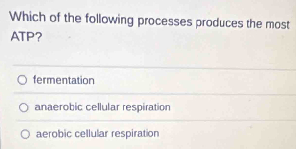 Which of the following processes produces the most
ATP?
fermentation
anaerobic cellular respiration
aerobic cellular respiration