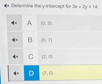 × Determine the y-intercept for 3x+2y=14.