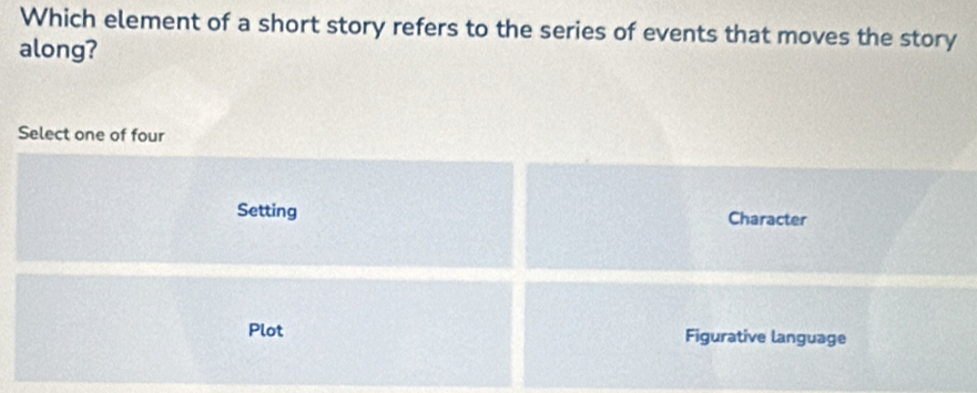 Which element of a short story refers to the series of events that moves the story
along?
Select one of four
Setting Character
Plot Figurative language