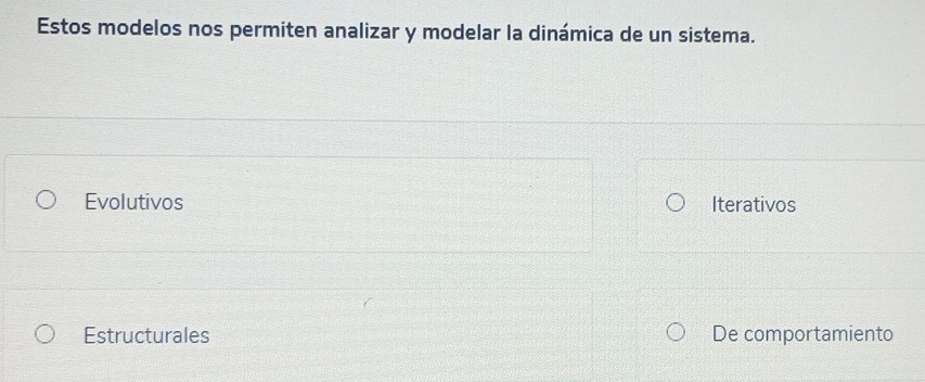 Estos modelos nos permiten analizar y modelar la dinámica de un sistema.
Evolutivos Iterativos
Estructurales De comportamiento