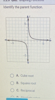 Graphing Functions
Identify the parent function.
A. Cube root
B. Square root
C. Reciprocal