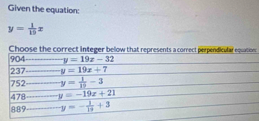 Given the equation:
y= 1/19 x
Choose the correct in: