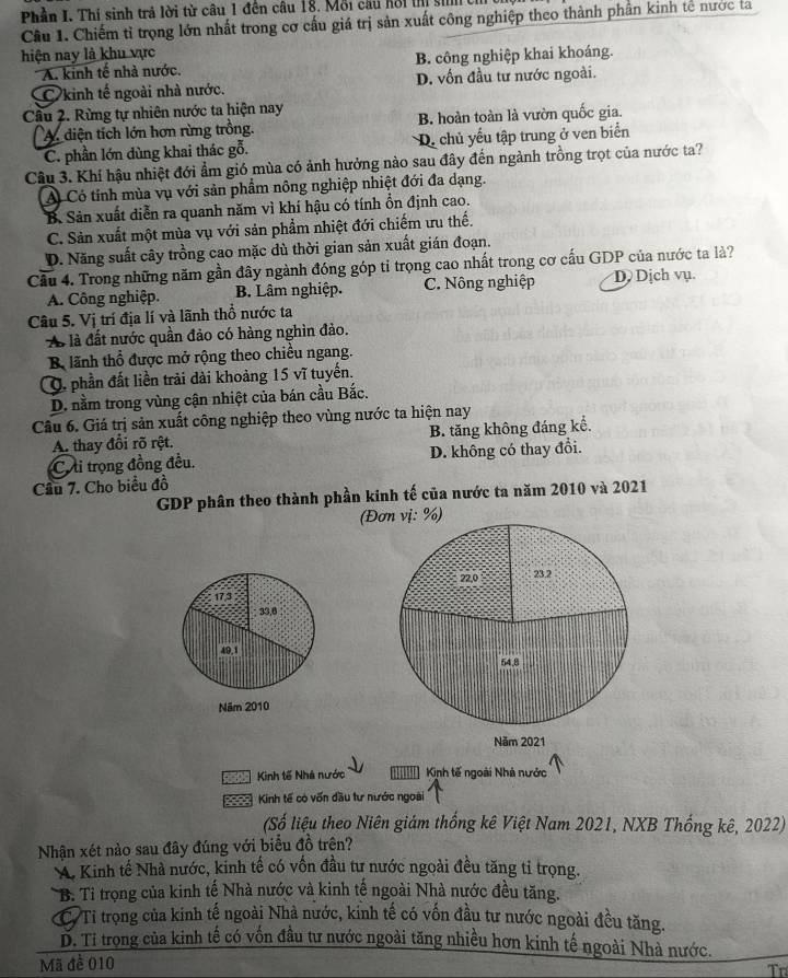 Phần I. Thí sinh trả lời từ câu 1 đên câu 18. Môi cầu hồi tị sih 
Cầu 1. Chiếm tỉ trọng lớn nhất trong cơ cấu giá trị sản xuất công nghiệp theo thành phần kinh tế nược là
hiện nay là khu vực
A. kinh tế nhà nước. B. công nghiệp khai khoáng.
C kinh tế ngoài nhà nước. D. vốn đầu tư nước ngoài.
Cầu 2. Rừng tự nhiên nước ta hiện nay
A diện tích lớn hơn rừng trồng. B. hoàn toàn là vườn quốc gia.
C. phần lớn dùng khai thác gỗ. D. chủ yếu tập trung ở ven biển
Câu 3. Khí hậu nhiệt đới ẩm gió mùa có ảnh hưởng nào sau đây đến ngành trồng trọt của nước ta?
Al Có tính mùa vụ với sản phẩm nông nghiệp nhiệt đới đa dạng.
B. Sản xuất diễn ra quanh năm vì khí hậu có tính ổn định cao.
C. Sản xuất một mùa vụ với sản phẩm nhiệt đới chiếm ưu thế.
D. Năng suất cây trồng cao mặc dù thời gian sản xuất gián đoạn.
Câu 4. Trong những năm gần đây ngành đóng góp tỉ trọng cao nhất trong cơ cấu GDP của nước ta là?
A. Công nghiệp. B. Lâm nghiệp. C. Nông nghiệp D Dịch vụ.
Câu 5. Vị trí địa lí và lãnh thổ nước ta
A là đất nước quần đảo có hàng nghìn đảo.
B lãnh thổ được mở rộng theo chiều ngang.
Q. phần đất liền trải dài khoảng 15 vĩ tuyến.
D. nằm trong vùng cận nhiệt của bán cầu Bắc.
Câu 6. Giá trị sản xuất công nghiệp theo vùng nước ta hiện nay
A. thay đổi rõ rệt. B. tăng không đáng kể.
C i trọng đồng đều. D. không có thay đổi.
Cầu 7. Cho biểu đồ
GDP phân theo thành phần kinh tế của nước ta năm 2010 và 2021
(Đơ: %)
Kinh tế Nhà nước '''''''' Kinh tế ngoài Nhà nước
Kinh tế có vốn đầu tư nước ngoài
(Số liệu theo Niên giám thống kê Việt Nam 2021, NXB Thống kê, 2022)
Nhận xét nào sau đây đúng với biểu đồ trên?
A. Kinh tế Nhà nước, kinh tế có vốn đầu tư nước ngoài đều tăng tỉ trọng.
B. Tỉ trọng của kinh tế Nhà nước và kinh tế ngoài Nhà nước đều tăng.
C Ti trọng của kinh tế ngoài Nhà nước, kinh tế có vốn đầu tư nước ngoài đều tăng.
D. Tỉ trong của kinh tế có vốn đầu tư nước ngoài tăng nhiều hơn kinh tế ngoài Nhà nước.
Mã đề 010
Tr
