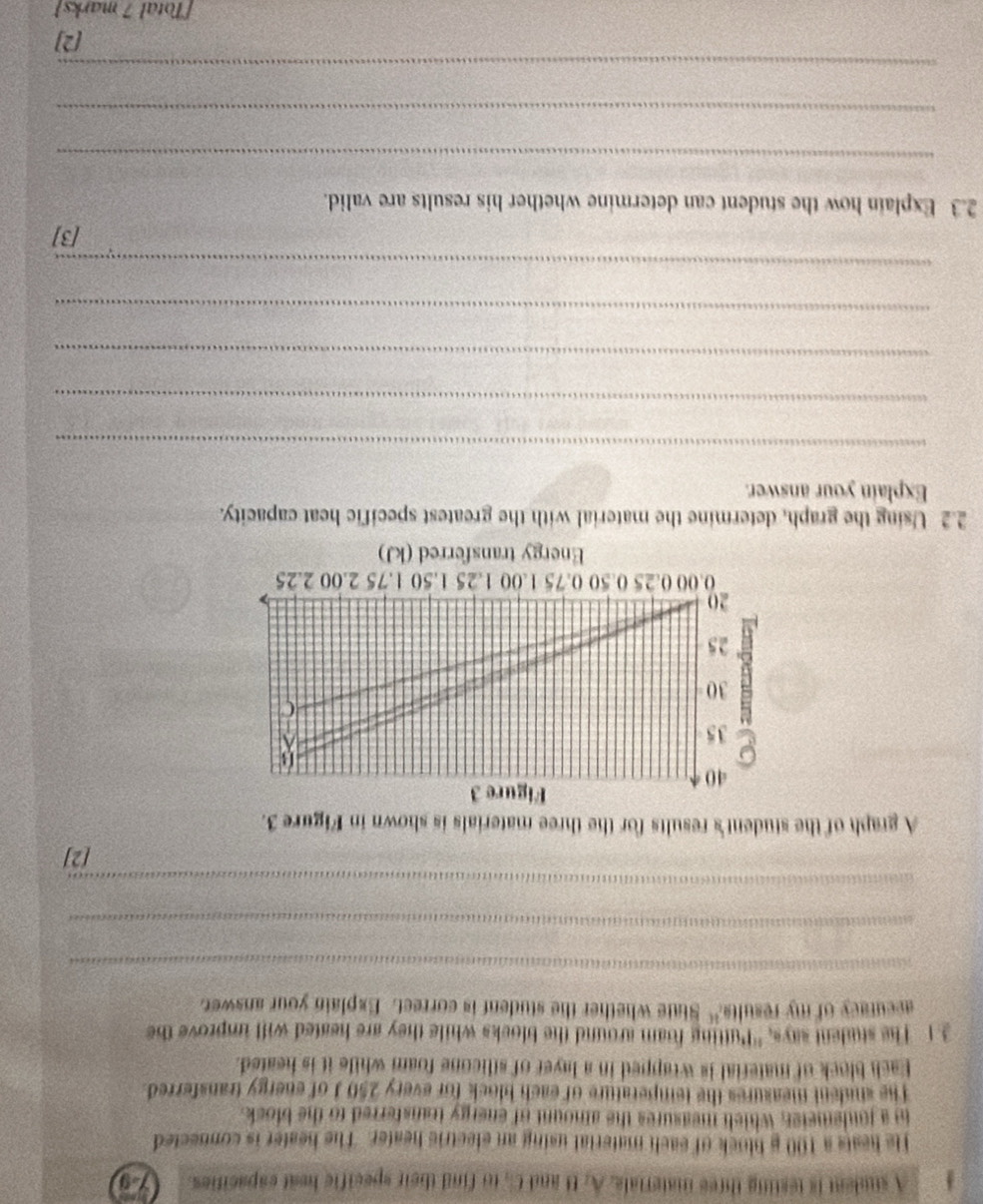A suudent is testing three materials. A. B and C. to find their specific heat espacities. 7 9 
He heats a 100 g block of each material using an electric heater. The heater is connected 
in a jonlemeter, which measures the amount of energy transterred to the block. 
The shadent measures the temperature of each block for every 250 J of energy transferred. 
Each block of material is wrapped in a layer of silicone foam while it is heated. 
3.1 The student says, "Putting foam around the blocks while they are heated will improve the 
accutacy of my results." State whether the student is correct. Explain your answer, 
__ 
_ 
_ 
[2] 
A graph of the student's results for the three materials is shown in Figure 3. 
2.2 Using the graph, determine the material with the greatest specific heat capacity. 
Explain your answer. 
_ 
_ 
_ 
_ 
_ 
[3] 
2.3 Explain how the student can determine whether his results are valid. 
_ 
_ 
_ 
[2] 
[Total 7 marks]