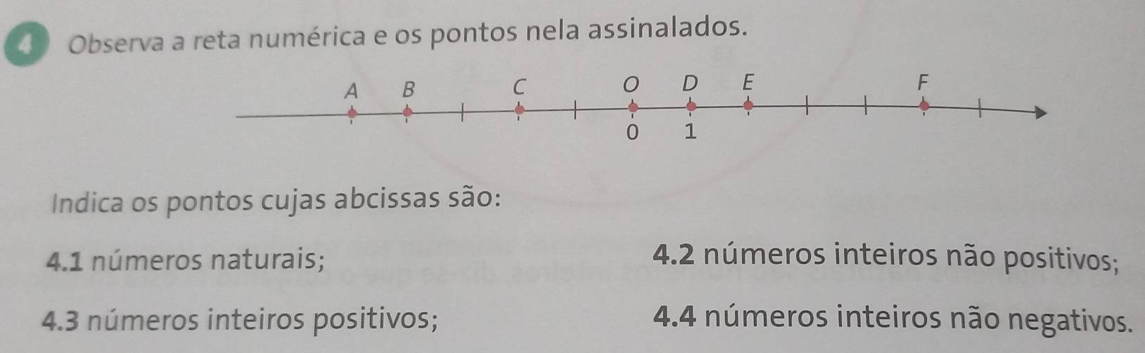 Observa a reta numérica e os pontos nela assinalados. 
Indica os pontos cujas abcissas são: 
4. 1 números naturais; 4.2 números inteiros não positivos; 
4. 3 números inteiros positivos; 4.4 números inteiros não negativos.