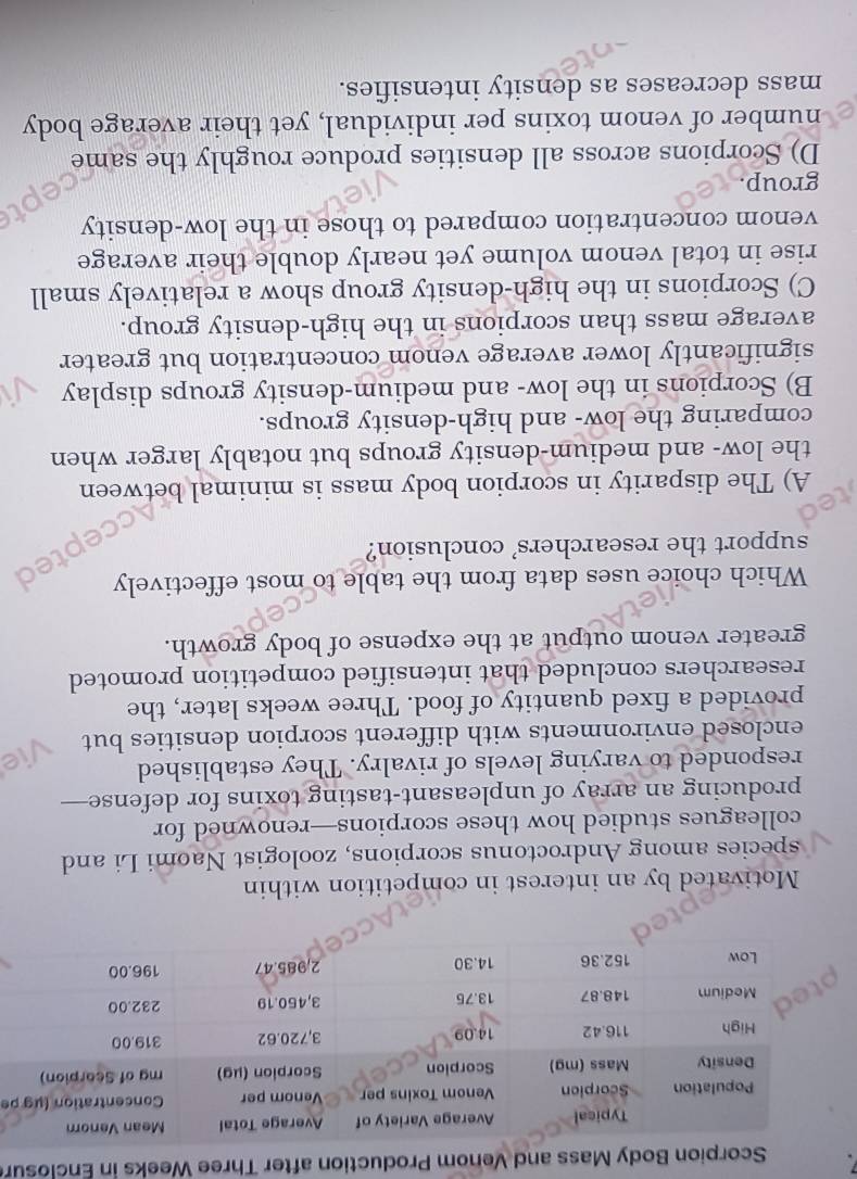 Mass and Venom Production after Three Weeks in Enclosur
e
o
Motivated by an interest in competition within
species among Androctonus scorpions, zoologist Naomi Li and
colleagues studied how these scorpions—renowned for
producing an array of unpleasant-tasting toxins for defense
responded to varying levels of rivalry. They established
enclosed environments with different scorpion densities but
provided a fixed quantity of food. Three weeks later, the
researchers concluded that intensified competition promoted
greater venom output at the expense of body growth.
Which choice uses data from the table to most effectively
support the researchers’ conclusion?
el
A) The disparity in scorpion body mass is minimal between
the low- and medium-density groups but notably larger when
comparing the low- and high-density groups.
B) Scorpions in the low- and medium-density groups display
significantly lower average venom concentration but greater
average mass than scorpions in the high-density group.
C) Scorpions in the high-density group show a relatively small
rise in total venom volume yet nearly double their average
venom concentration compared to those in the low-density
group.
D) Scorpions across all densities produce roughly the same
number of venom toxins per individual, yet their average body
mass decreases as density intensifies.