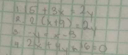 15+3x=2y
2(x+9)=2y
8. -y=x-3
4. 2x+4y-6=0