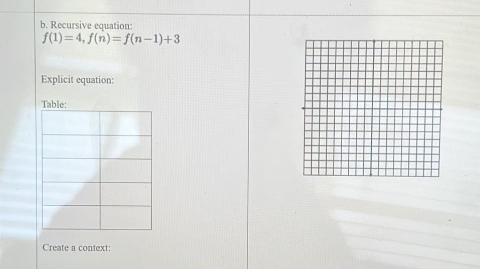 Recursive equation:
f(1)=4, f(n)=f(n-1)+3
Explicit equation: 
Create a context: