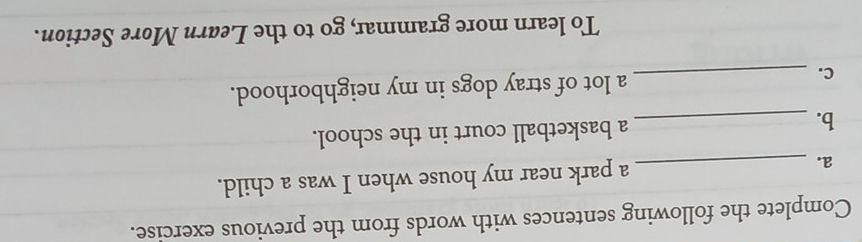 Complete the following sentences with words from the previous exercise. 
a. _a park near my house when I was a child. 
b. _a basketball court in the school. 
c. _a lot of stray dogs in my neighborhood. 
To learn more grammar, go to the Learn More Section.