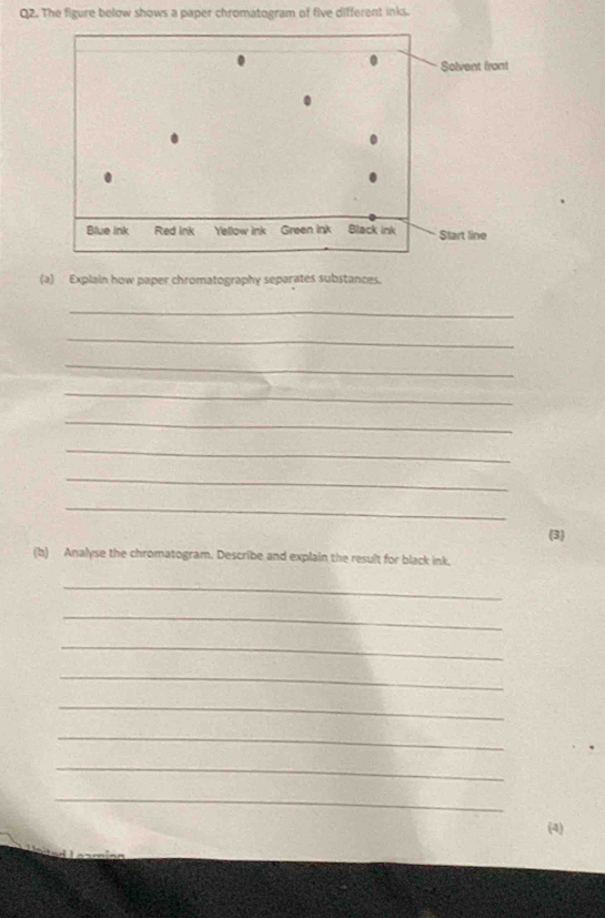 The figure below shows a paper chromatogram of five different inks. 
(a) Explain how paper chromatography separates substances. 
_ 
_ 
_ 
_ 
_ 
_ 
_ 
_ 
(3) 
(b) Analyse the chromatogram. Describe and explain the result for black ink, 
_ 
_ 
_ 
_ 
_ 
_ 
_ 
_ 
(4)