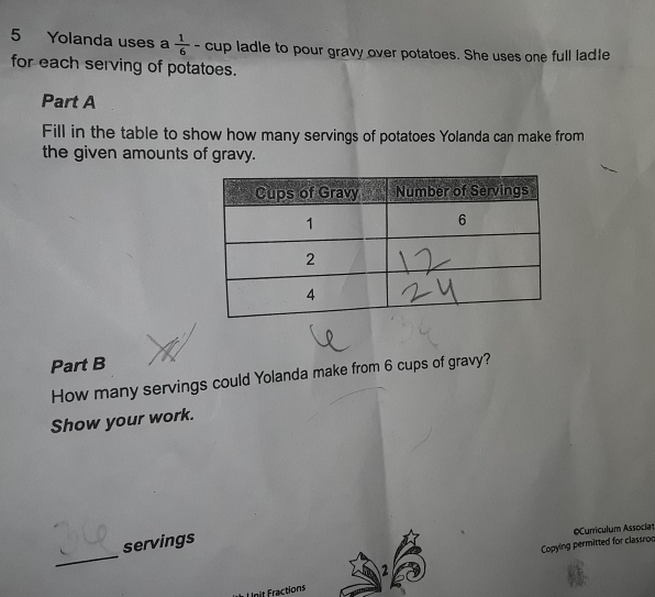 Solved: Yolanda uses a 1/6 cup ladle to pour gravy over potatoes. She ...