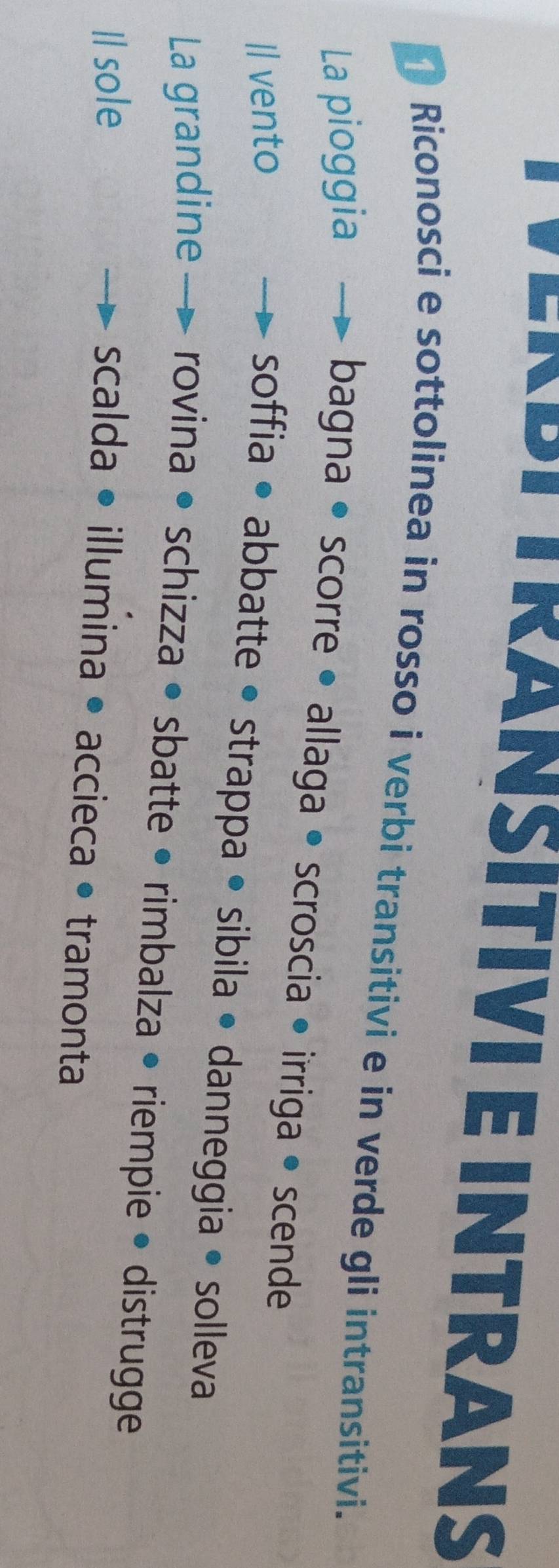 VÉRDI T KANSITIVI E INTRANS 
Riconosci e sottolinea in rosso i verbi transitivi e in verde gli intransitivi. 
La pioggia 
bagna • scorre • allaga • scroscia • irriga • scende 
Il vento 
soffia • abbatte • strappa • sibila • danneggia • solleva 
La grandine rovina • schizza • sbatte • rimbalza • riempie • distrugge 
Il sole 
scalda • illumina • accieca • tramonta