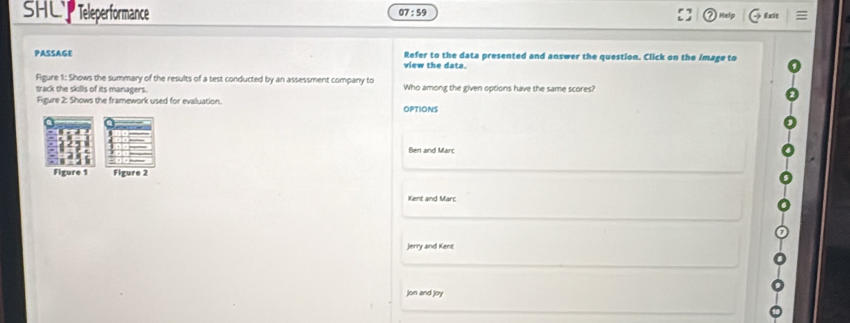 SHL Teleperformance
07:59 
Help ) Exit =
PASSAGE Refer to the data presented and answer the question. Click on the image to
view the data.
Figure 1: Shows the summary of the results of a test conducted by an assessment company to Who among the given options have the same scores?
track the skills of its managers.
Figure 2: Shows the framework used for evaluation.
oPtions
Ben and Marc
Figure 1 Figure 2
Kent and Marc
Jerry and Kent
jon and joy