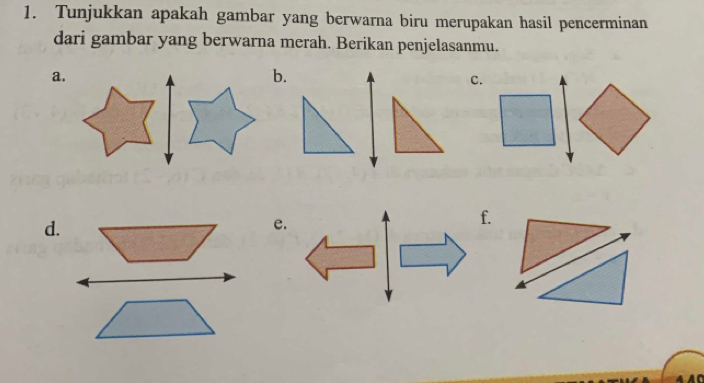 Tunjukkan apakah gambar yang berwarna biru merupakan hasil pencerminan 
dari gambar yang berwarna merah. Berikan penjelasanmu. 
a. 
b. 
c. 
d. 
e. 
f.