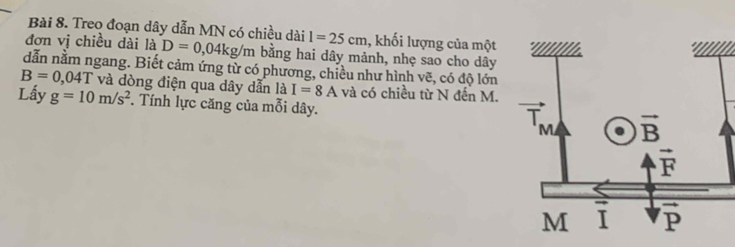 Treo đoạn dây dẫn MN có chiều dài l=25cm , khối lượng của một
đơn vị chiều dài là D=0,04kg/m bằng hai dây mảnh, nhẹ sao cho dây
dẫn nằm ngang. Biết cảm ứng từ có phương, chiều như hình vẽ, có độ lớn
B=0,04T và dòng điện qua dây dẫn là I=8A và có chiều từ N đến M.
Lấy g=10m/s^2. Tính lực căng của mỗi dây.