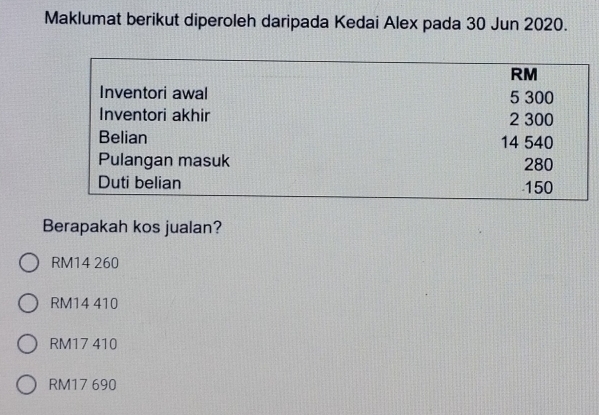 Maklumat berikut diperoleh daripada Kedai Alex pada 30 Jun 2020.
RM
Inventori awal 5 300
Inventori akhir 2 300
Belian 14 540
Pulangan masuk 280
Duti belian 150
Berapakah kos jualan?
RM14 260
RM14 410
RM17 410
RM17 690