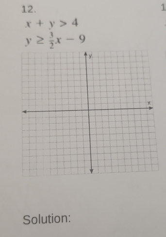 1
x+y>4
y≥  3/2 x-9
Solution: