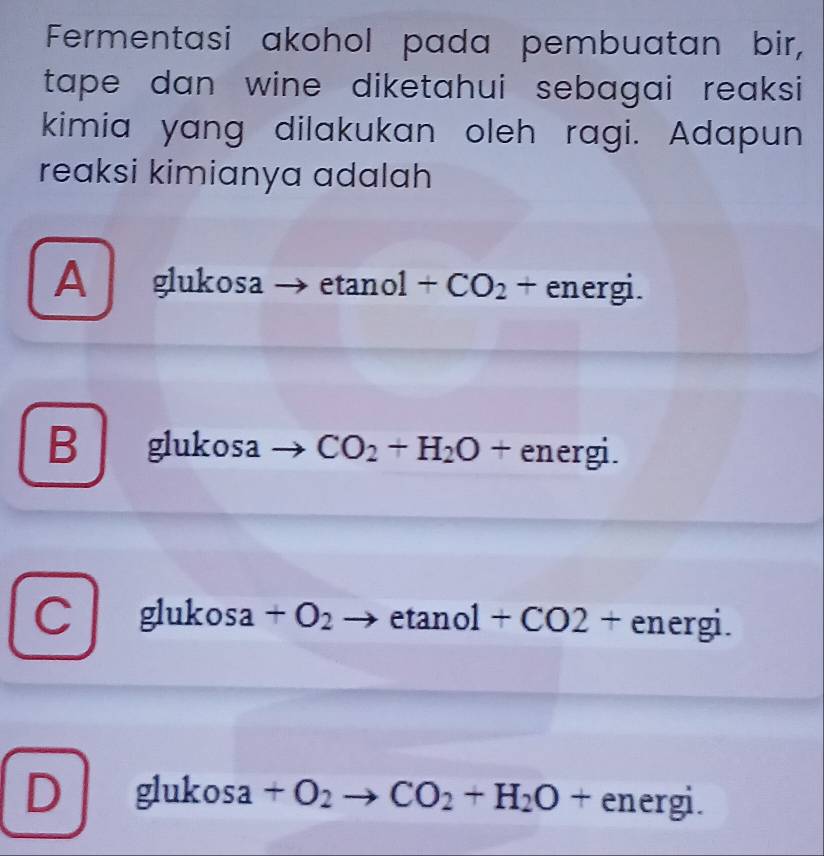 Fermentasi akohol pada pembuatan bir,
tape dan wine diketahui sebagai reaksi
kimia yang dilakukan oleh ragi. Adapun
reaksi kimianya adalah
A glukosa etanol + ( CO_2+ energi.
B glukosa CO_2+H_2O+ energi
C glukosa +O_2 etano 1+CO2+ energi.
D glukosa +O_2 to CO_2+H_2O+energi.