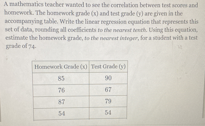 A mathematics teacher wanted to see the correlation between test scores and 
homework. The homework grade (x) and test grade (y) are given in the 
accompanying table. Write the linear regression equation that represents this 
set of data, rounding all coefficients to the nearest tenth. Using this equation, 
estimate the homework grade, to the nearest integer, for a student with a test 
grade of 74.