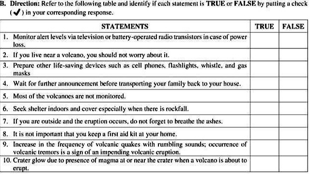 Direction: Refer to the following table and identify if each statement is TRUE or FALSE by putting a check 
1. 
2. 
3. 
4. 
5. 
6. 
7. 
8. 
9. 
10