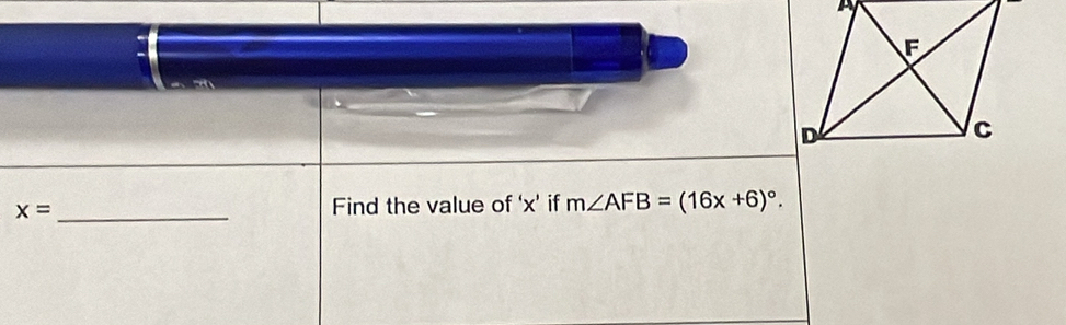 x= _Find the value of ‘ x ’ if m∠ AFB=(16x+6)^circ .